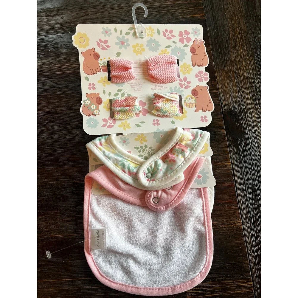 Ava Olivia Baby Girl Bib and Headband 4 PC Set Pink Rose and Floral Bow NEW